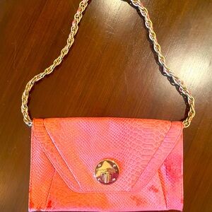 Elliott Lucca leather snakeskin embossed purse chain and leather strap coral